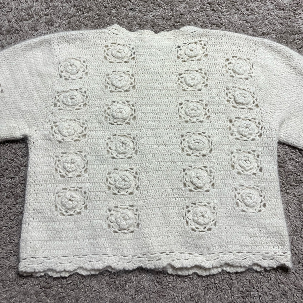 VTG Angora Crochet Knit 3D Flower Pearl Crop Cardigan Sweater S - Picture 7 of 7